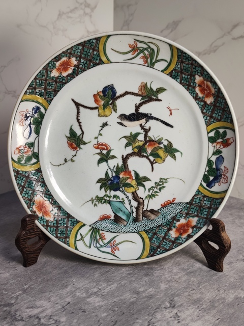 古玩陶瓷花鳥壽桃五彩盤真品鑒賞圖