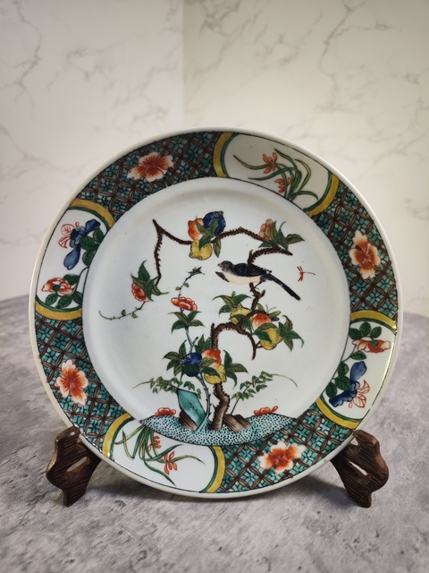 古玩陶瓷花鳥壽桃五彩盤真品鑒賞圖