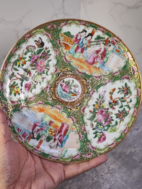 古玩陶瓷人物花鳥蝶紋廣彩盤拍賣，當前價格248元