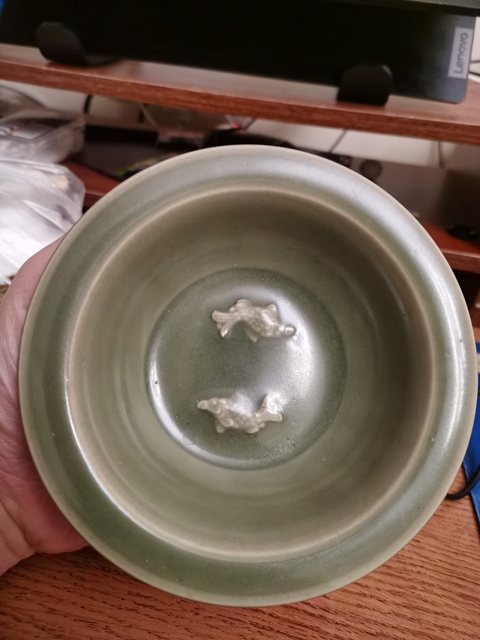 古玩陶瓷龍泉青瓷雙魚洗，模糊，偏老拍賣，當前價格1514元