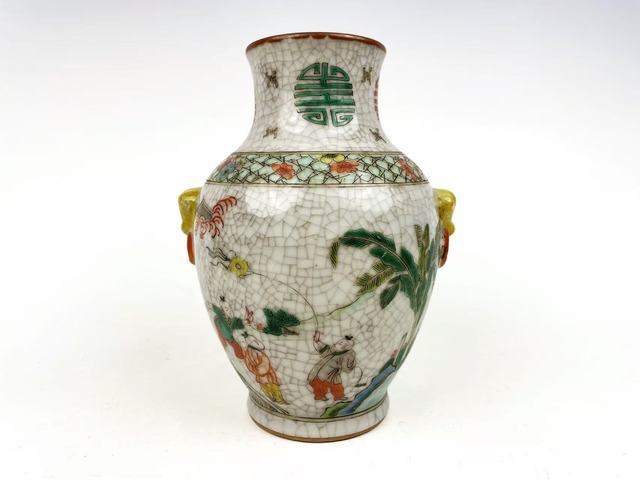 古玩陶瓷清末民初·哥釉五彩麒麟送子獸耳尊拍賣，當前價格864元