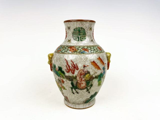 古玩陶瓷清末民初·哥釉五彩麒麟送子獸耳尊拍賣，當前價格864元