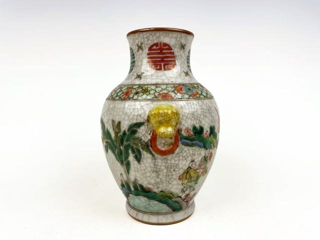 古玩陶瓷清末民初·哥釉五彩麒麟送子獸耳尊拍賣，當前價格864元