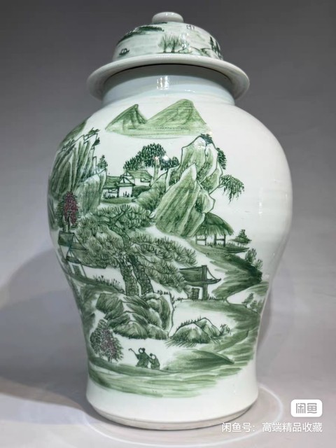 古玩陶瓷釉下山水紋將軍罐真品鑒賞圖
