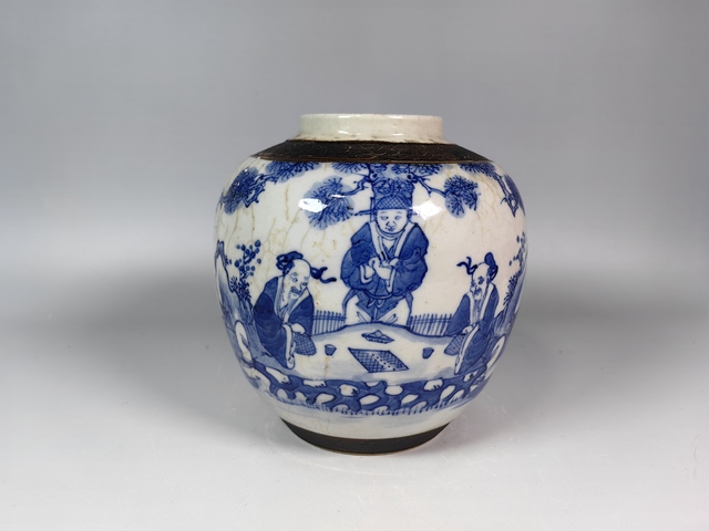 古玩陶瓷清中晚哥釉青花爛柯圖人物故事紋蓋罐真品鑒賞圖