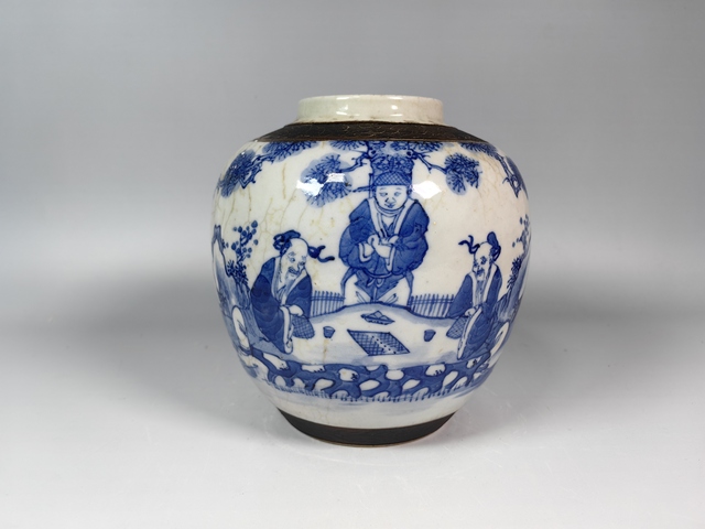 古玩陶瓷清中晚哥釉青花爛柯圖人物故事紋蓋罐真品鑒賞圖