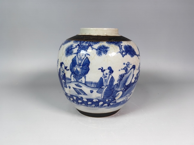 古玩陶瓷清中晚哥釉青花爛柯圖人物故事紋蓋罐真品鑒賞圖