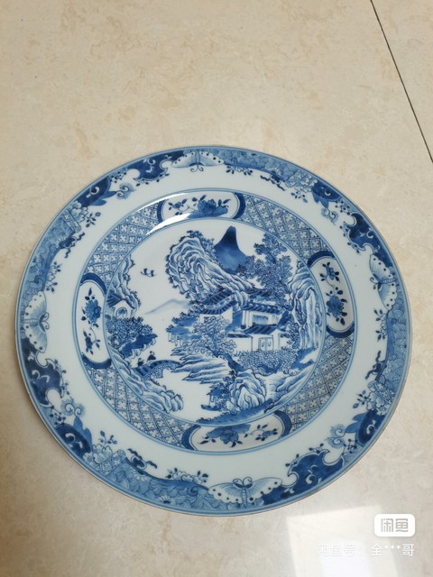 古玩陶瓷山水紋青花盤真品鑒賞圖