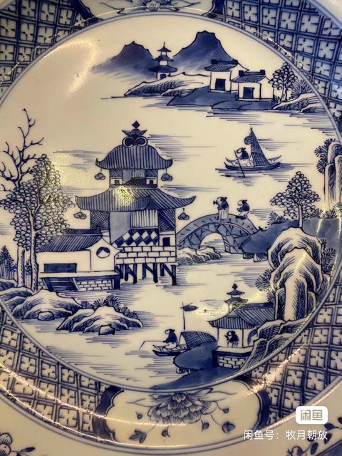 古玩陶瓷樓臺亭閣山水紋青花盤真品鑒賞圖