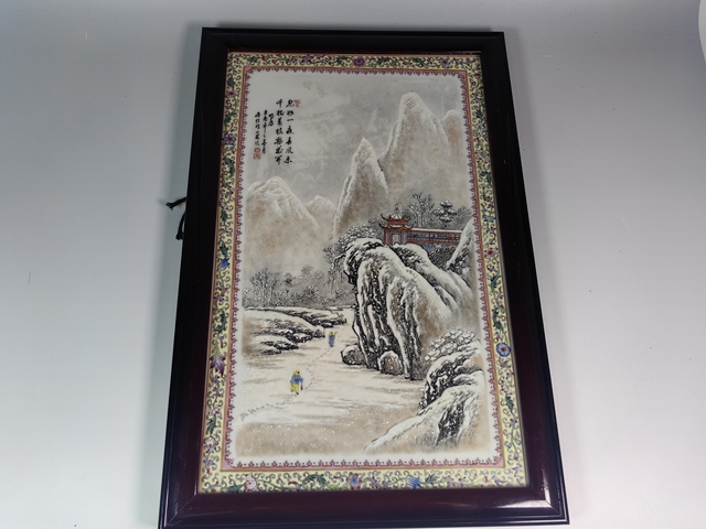 古玩陶瓷70.80年代雪景山水人物紋瓷板真品鑒賞圖