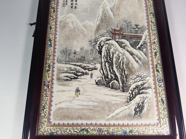 古玩陶瓷70.80年代雪景山水人物紋瓷板真品鑒賞圖