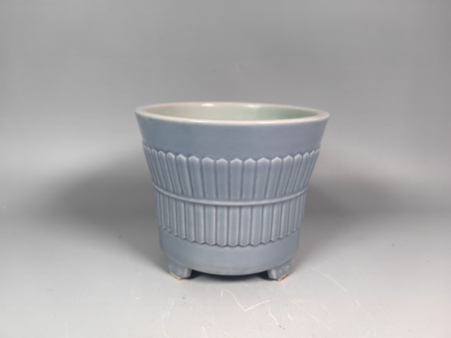 古玩陶瓷民國天藍釉竹節包袱紋花盆真品鑒賞圖