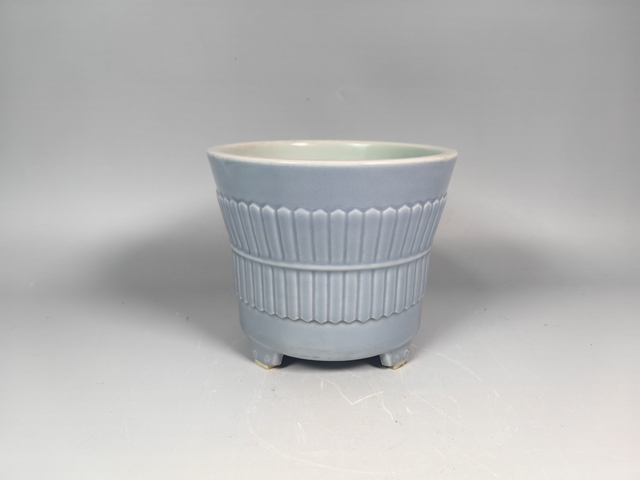 古玩陶瓷民國天藍釉竹節包袱紋花盆真品鑒賞圖