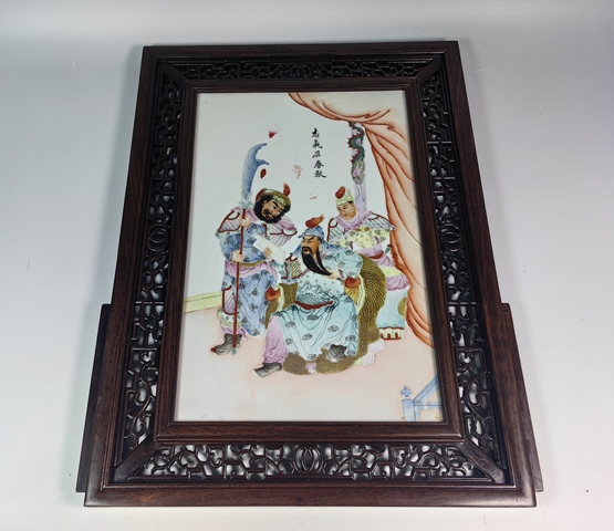 古玩陶瓷民國關公夜讀春秋粉彩瓷板真品鑒賞圖