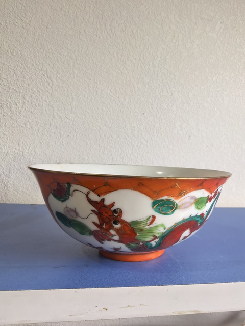 古玩陶瓷**紅釉描金開光粉彩龍鳳紋碗拍賣，當前價格1500元