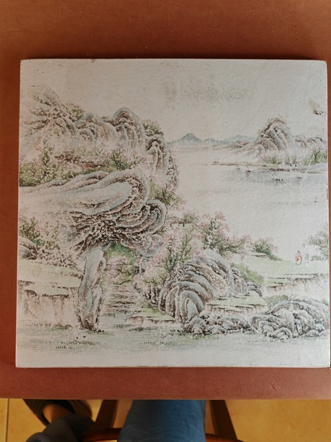 古玩陶瓷粉彩山水紋攜琴訪友瓷板真品鑒賞圖