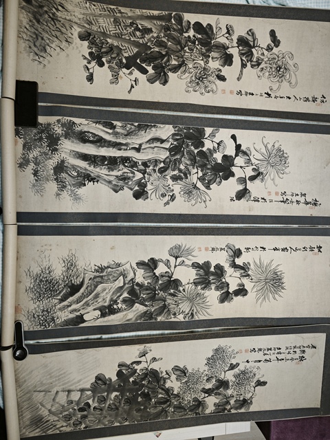 古玩字畫墨菊四屏真品鑒賞圖
