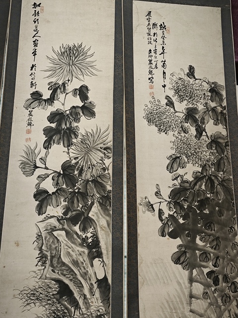 古玩字畫墨菊四屏真品鑒賞圖