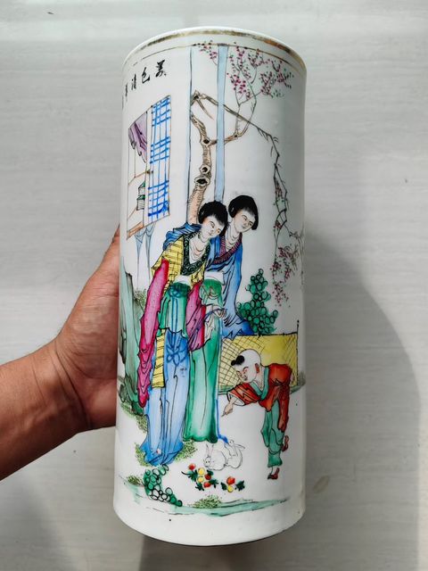 古玩陶瓷民國(guó)粉彩人物故事帽筒真品鑒賞圖