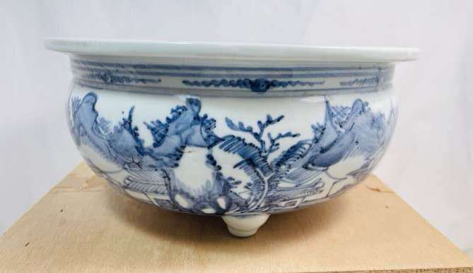 古玩陶瓷人物山水紋青花香爐真品鑒賞圖