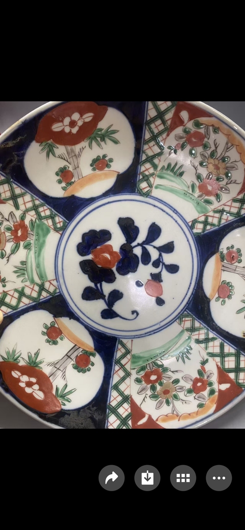 古玩陶瓷青花礬紅描金開窗花卉紋盤真品鑒賞圖