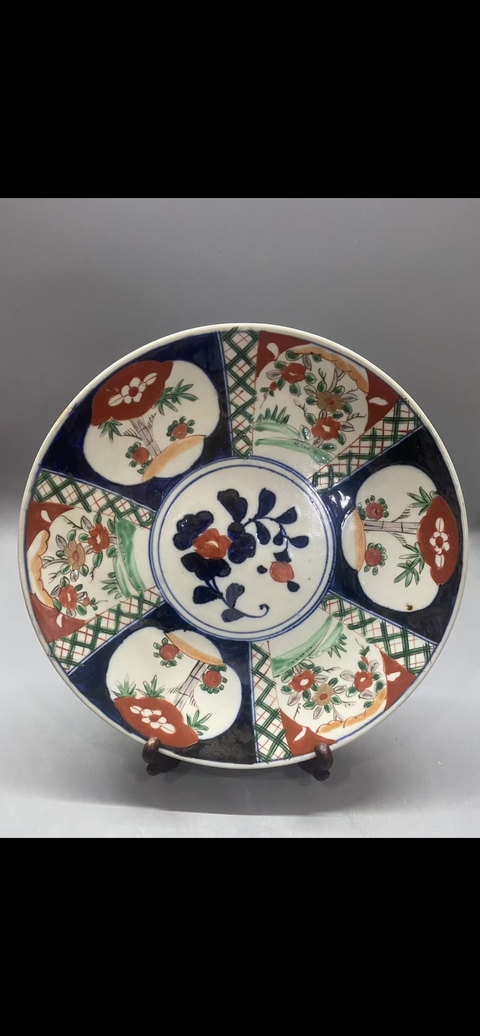 古玩陶瓷青花礬紅描金開窗花卉紋盤真品鑒賞圖