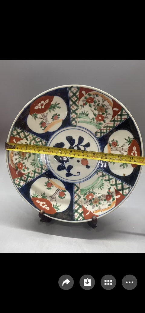 古玩陶瓷青花礬紅描金開窗花卉紋盤真品鑒賞圖