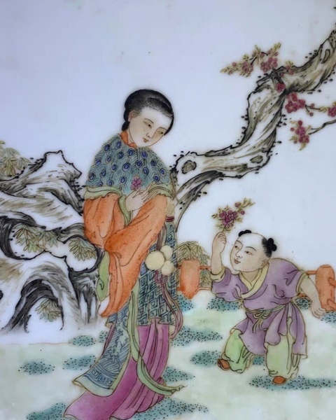 古玩陶瓷三娘教子圖瓷板畫真品鑒賞圖