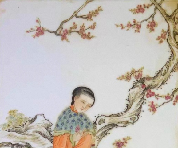 古玩陶瓷三娘教子圖瓷板畫真品鑒賞圖