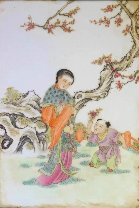 古玩陶瓷三娘教子圖瓷板畫真品鑒賞圖
