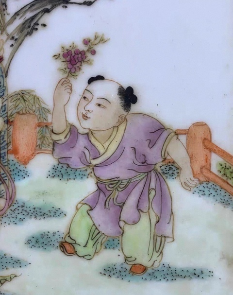 古玩陶瓷三娘教子圖瓷板畫真品鑒賞圖