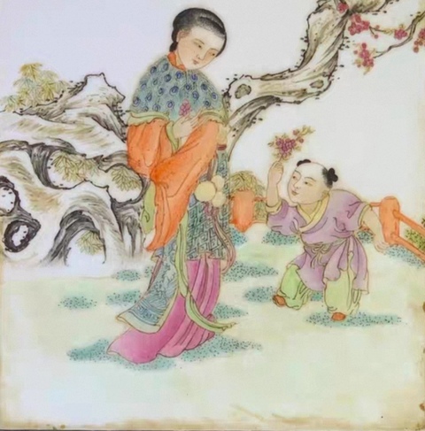 古玩陶瓷三娘教子圖瓷板畫真品鑒賞圖