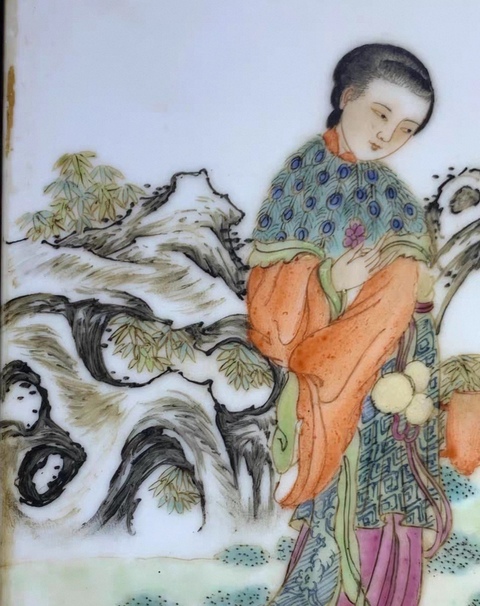 古玩陶瓷三娘教子圖瓷板畫真品鑒賞圖