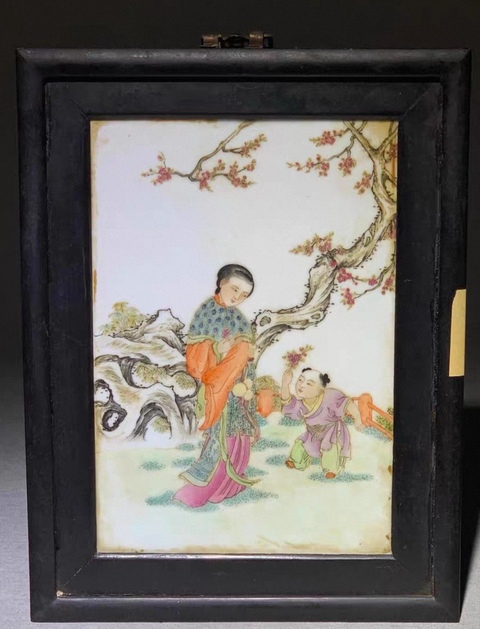古玩陶瓷三娘教子圖瓷板畫真品鑒賞圖