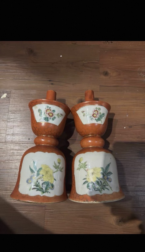 古玩陶瓷民國**紅描金開窗粉彩燭臺拍賣，當前價格5888元