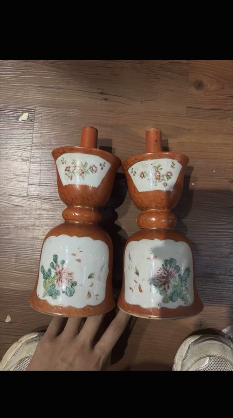 古玩陶瓷民國**紅描金開窗粉彩燭臺拍賣，當前價格5888元