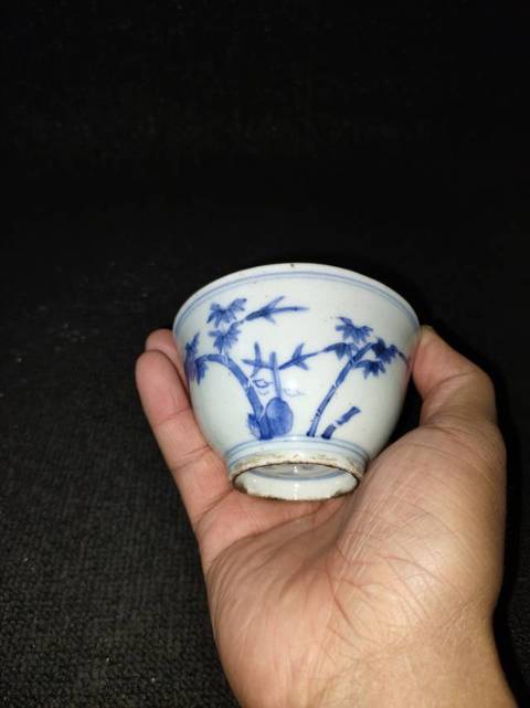 古玩陶瓷歲寒三友松竹梅青花杯真品鑒賞圖