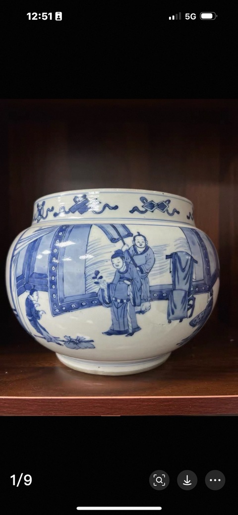 古玩陶瓷人物紋青花四系粥罐真品鑒賞圖