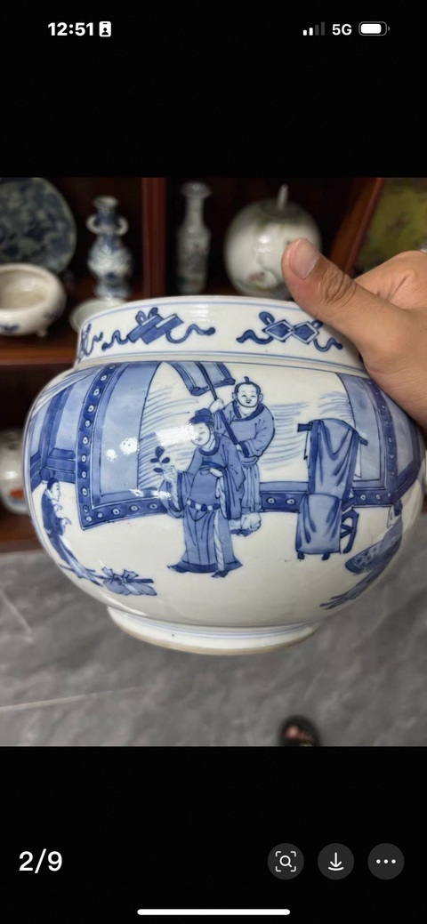 古玩陶瓷人物紋青花四系粥罐真品鑒賞圖