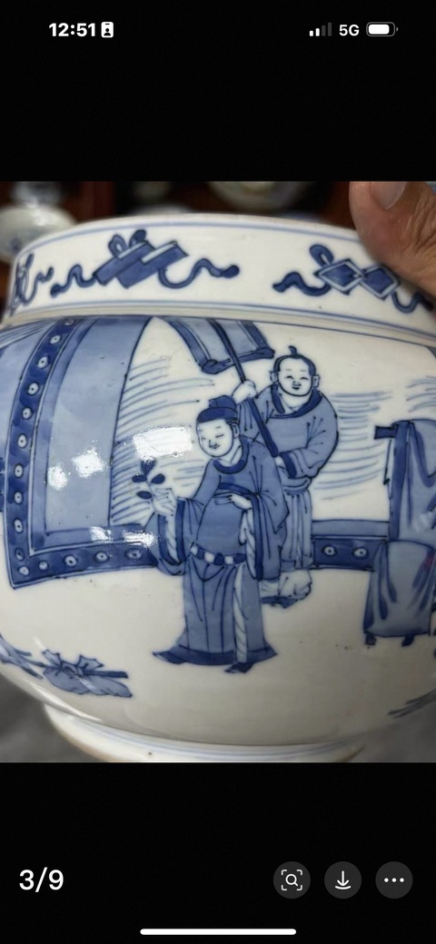 古玩陶瓷人物紋青花四系粥罐真品鑒賞圖