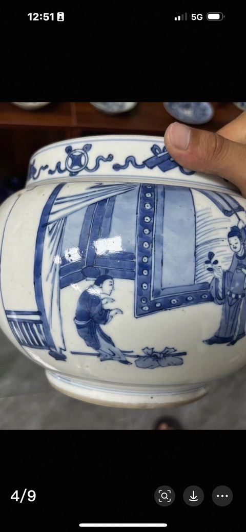 古玩陶瓷人物紋青花四系粥罐真品鑒賞圖
