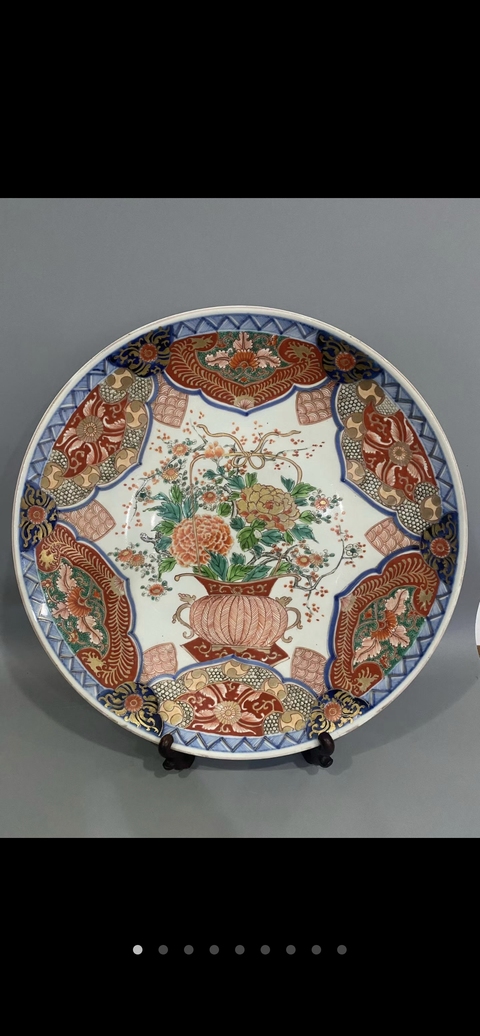 古玩陶瓷日本明治青花五彩花卉紋盤真品鑒賞圖