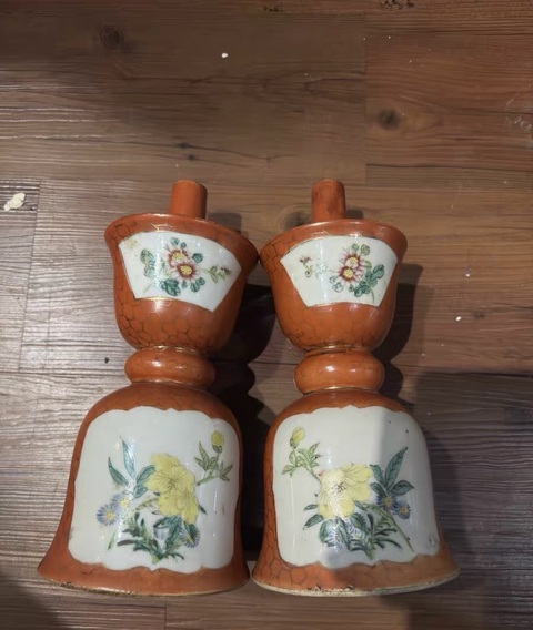 古玩陶瓷民國**紅描金開窗粉彩燭臺拍賣，當前價格5888元