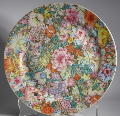 古玩陶瓷百花不落地粉彩盤真品鑒賞圖