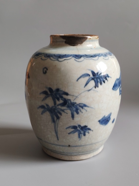 古玩陶瓷清順治青花洞石花卉罐拍賣，當前價格1200元