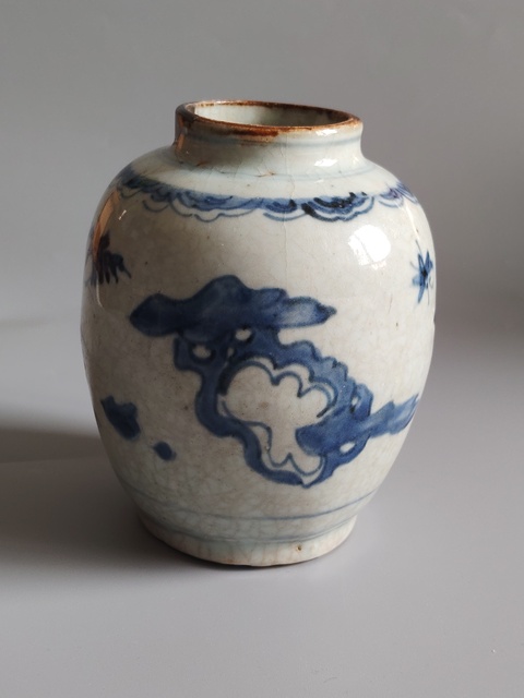 古玩陶瓷清順治青花洞石花卉罐拍賣，當前價格1200元