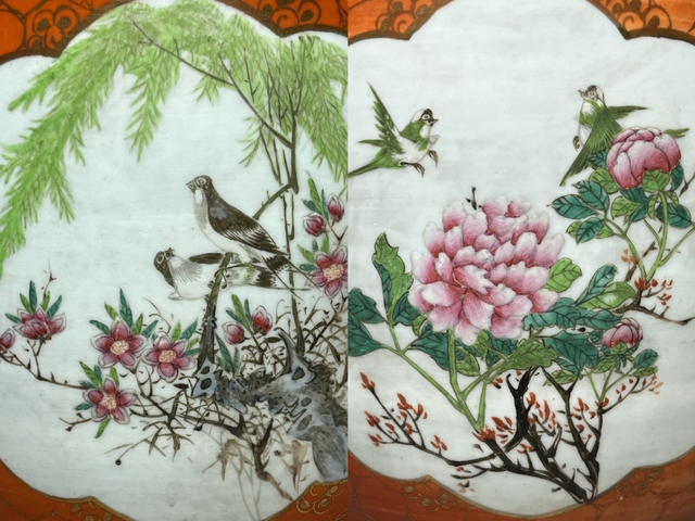 古玩陶瓷珊瑚紅描金開窗粉彩花鳥紋花盆真品鑒賞圖
