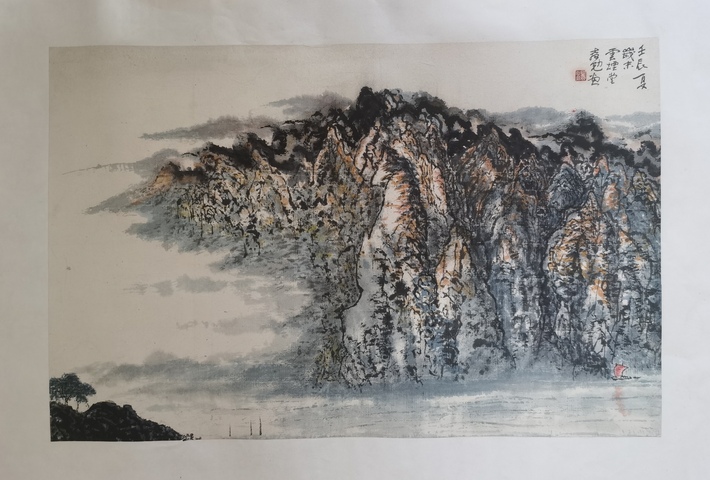 古玩字畫享受國(guó)務(wù)院特殊津貼老中美協(xié)會(huì)員江西名家湯教勉山水拍賣，當(dāng)前價(jià)格2000元