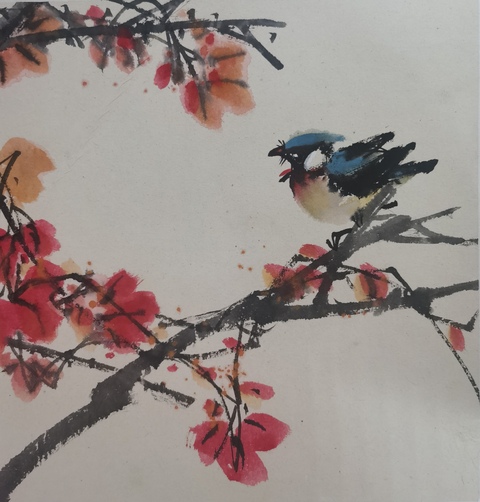 古玩字畫當代嶺南畫派代表畫家李松炎紅葉小鳥拍賣，當前價格899元