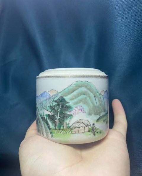 古玩陶瓷淺絳彩山水人物溫酒壺真品鑒賞圖